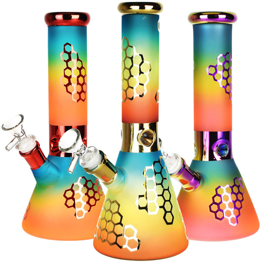 Rainbow Honeycomb Glass Water Pipe - 10" / 14mm F