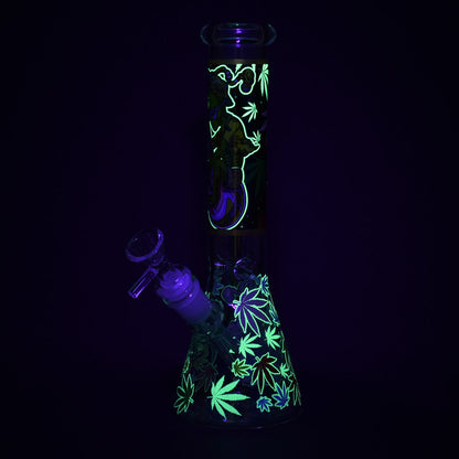 Aliens And Hemp Leaves Glow Glass Beaker Water Pipe-10"